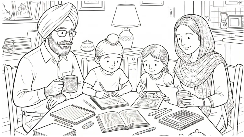 A Sikh family — dad, mum and two kids — doing activities together at a table