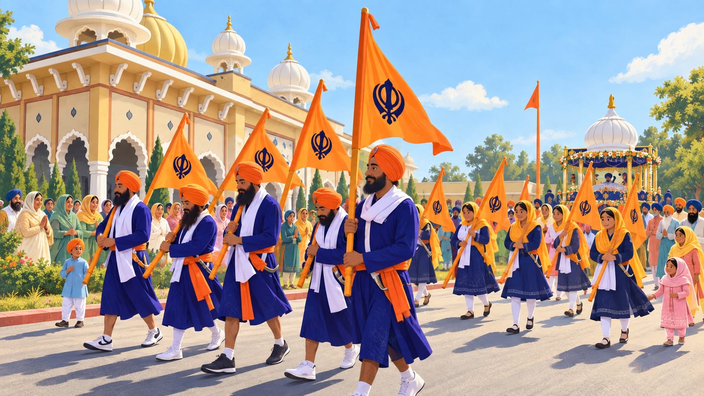 Illustration of a Nagar Kirtan leaving a gurdwara: Sikhs in bana carry Nishan Sahibs at the front, families walk alongside, and Sri Guru Granth Sahib Ji follows in a flower-decked palki.