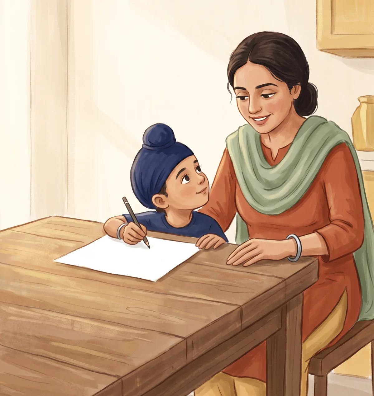 A mother sits beside her young son at a kitchen table, her hand on his shoulder as he holds a pencil over a sheet of paper.