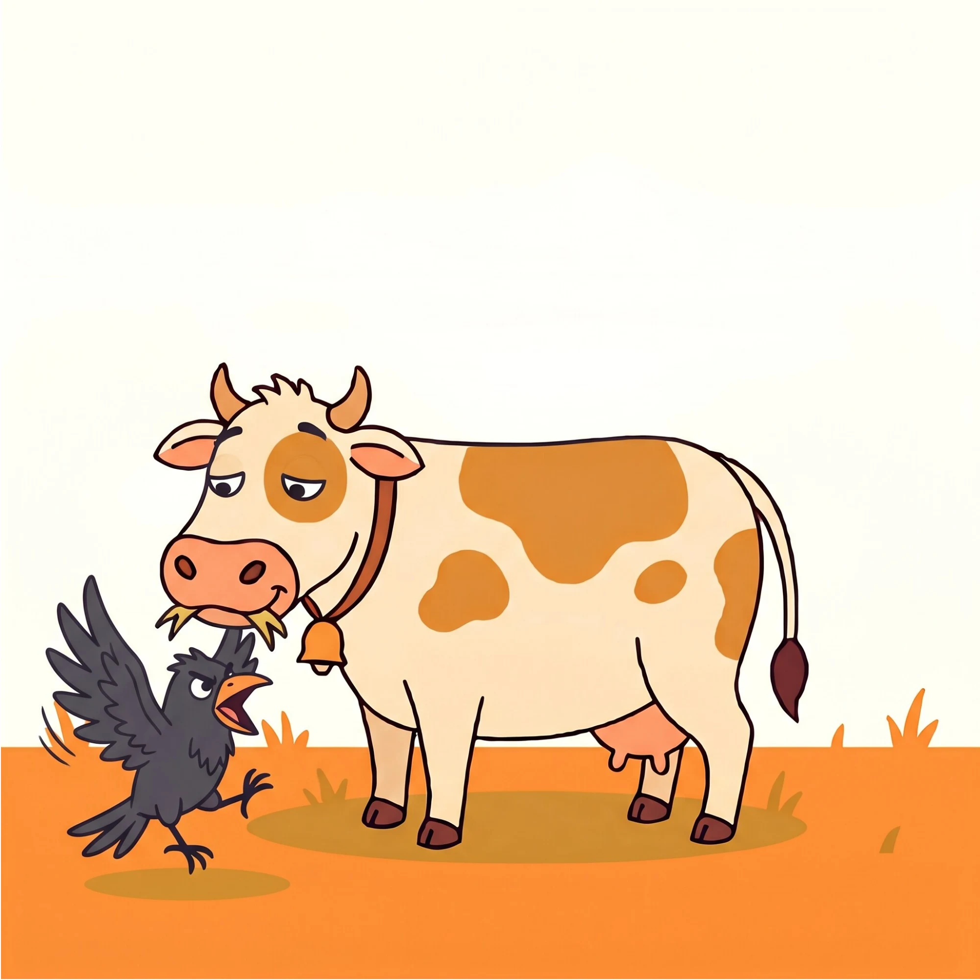 ਕਾਂ demonstrates hard: wings out, beak open, hopping — very crow. ਗਾਂ watches, chewing.