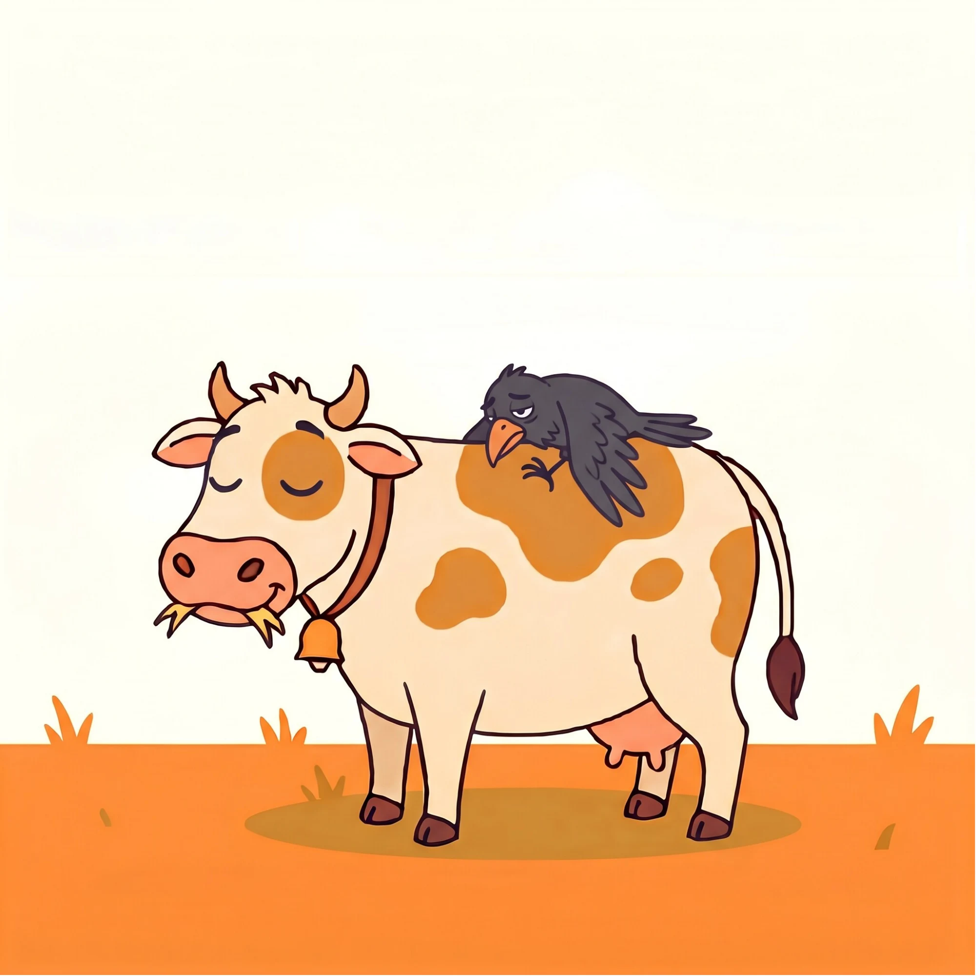 Wide shot. ਗਾਂ just stands there — big, calm, spotted — completely, entirely a cow.
