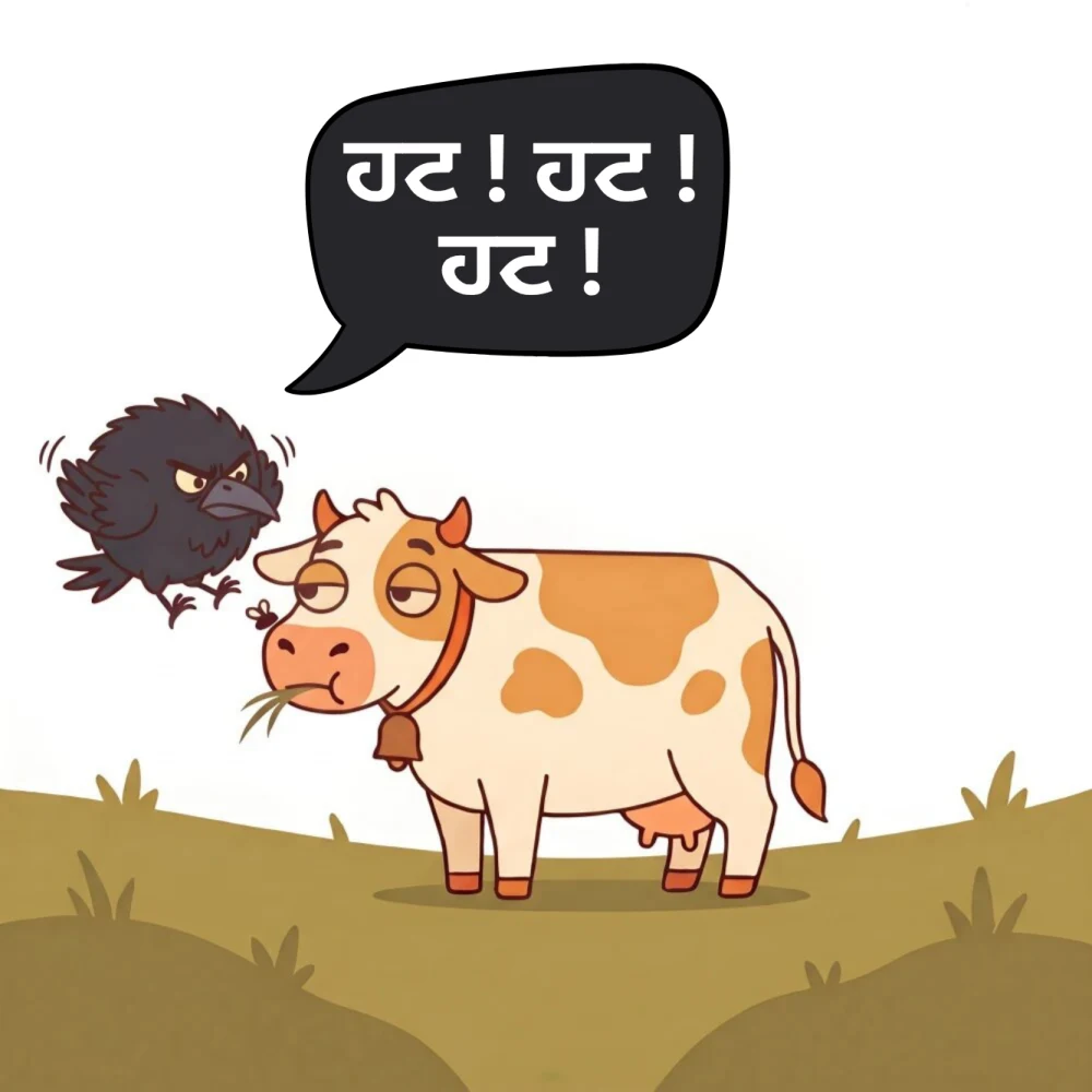 ਕਾਂ gets serious — winds up like a boxer, feathers puffed, glaring at the tiny fly. ਗਾਂ chewing.