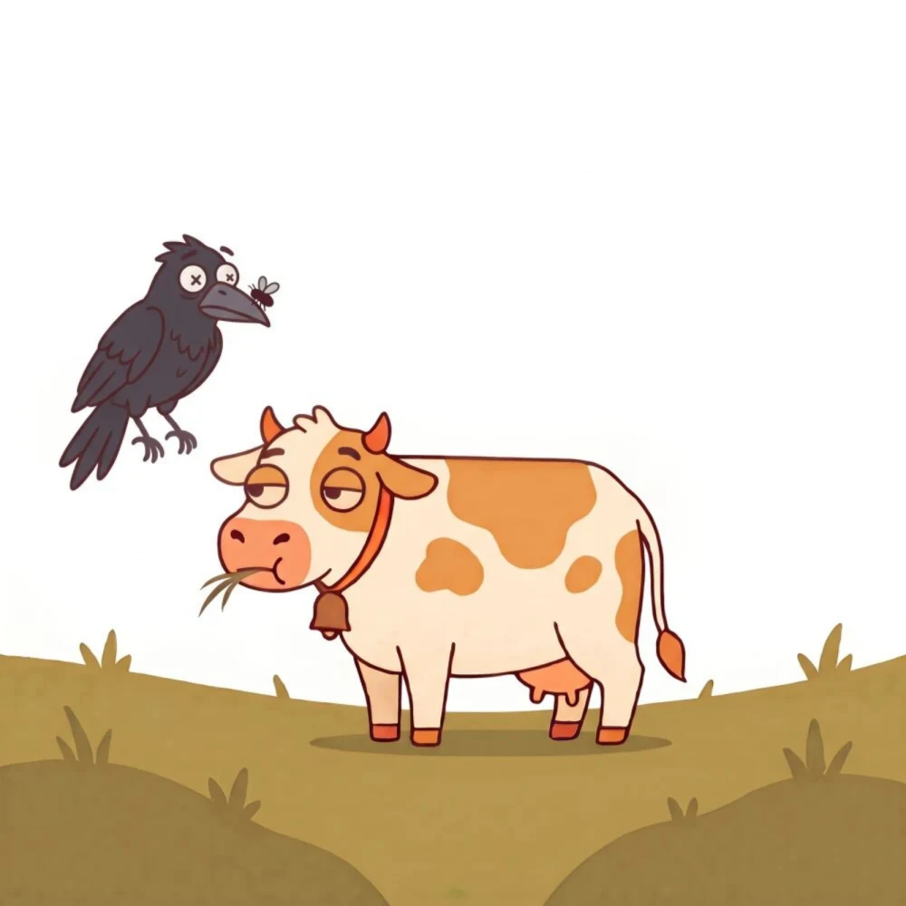 On a big dramatic swing, the fly simply lifts off ਗਾਂ's nose and lands on ਕਾਂ's own beak. ਗਾਂ still chewing, unbothered.