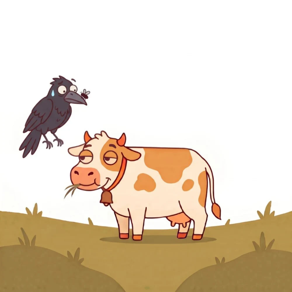 ਕਾਂ goes cross-eyed staring at the fly now sitting on the tip of his own beak. ਗਾਂ watches, calm.