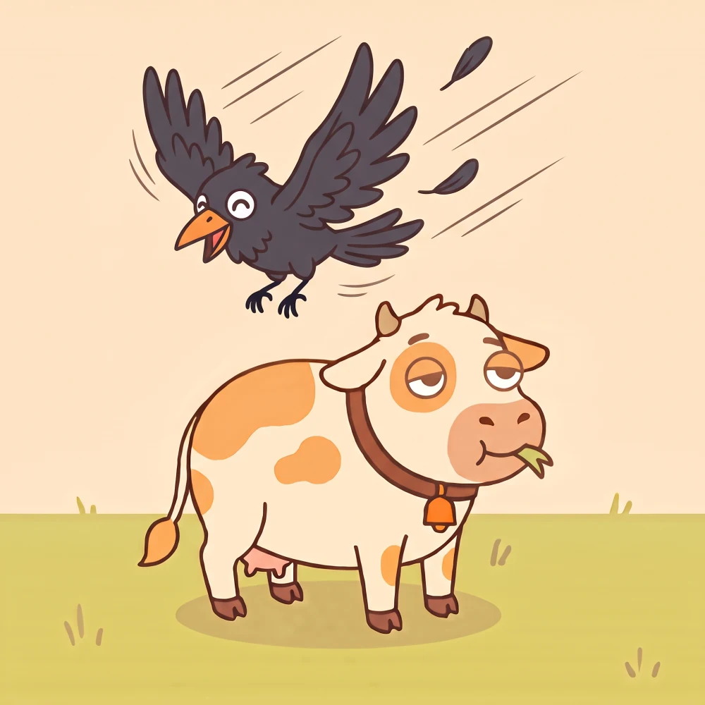 A big showcase: ਕਾਂ mid-swoop across the spread, feathers spread, utterly pleased with his own flying. ਗਾਂ stands below, chewing, feet on the grass.