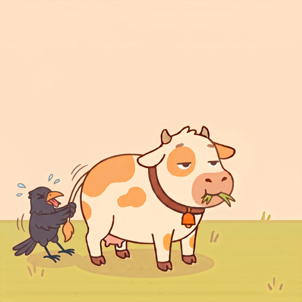Tiny ਕਾਂ strains with all his might, tugging at the enormous cow — a hopeless, hilarious mismatch. ਗਾਂ stands solid, still chewing, unbothered.