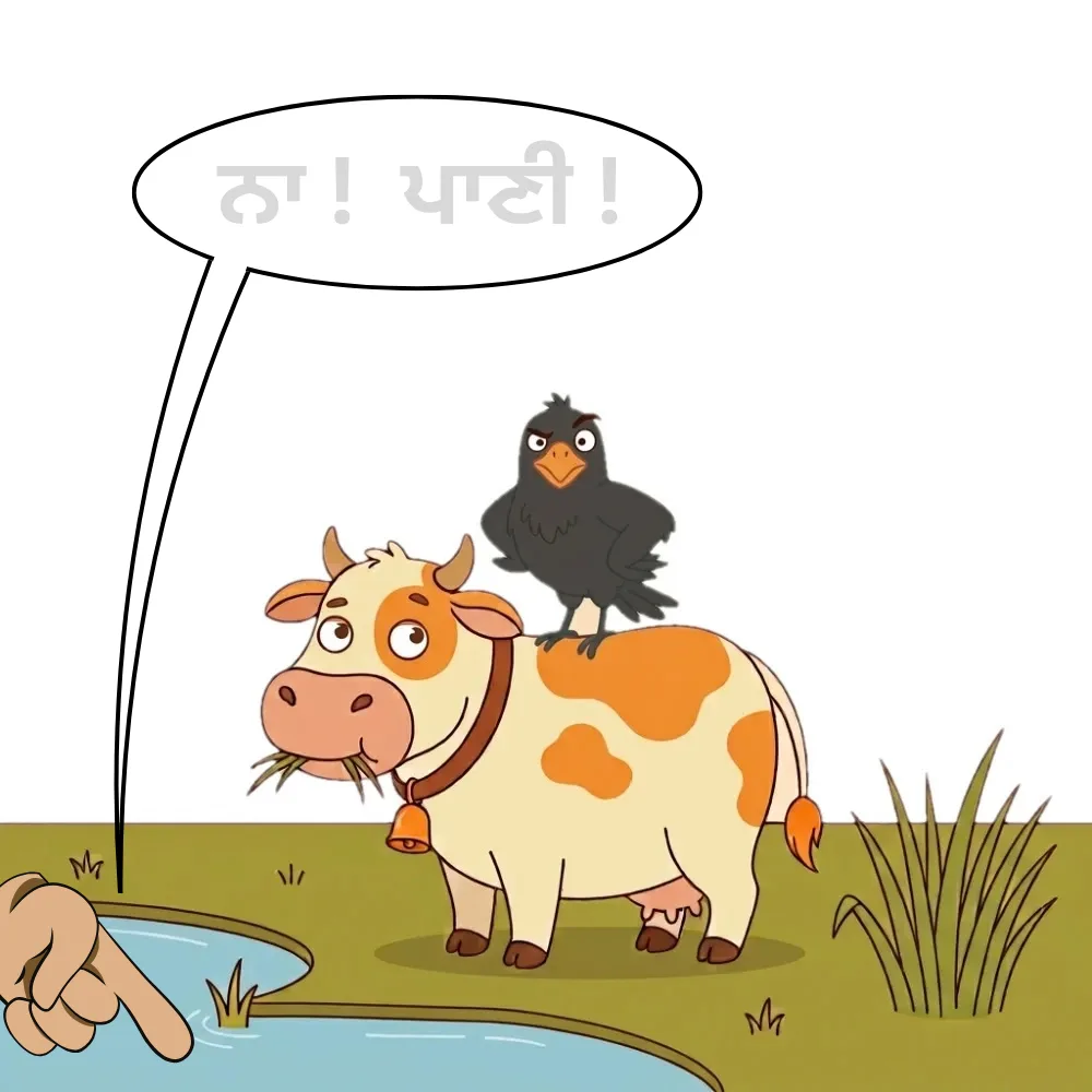 ਕਾਂ turns to the reader, one eyebrow up, as if he has heard someone object. Pond in plain view.