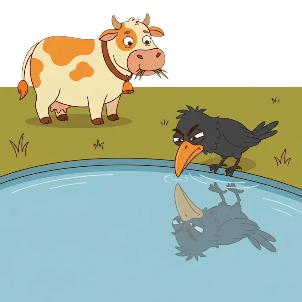 Long pause. ਕਾਂ and his reflection squint at each other, beak to beak. ਗਾਂ has walked up behind him.