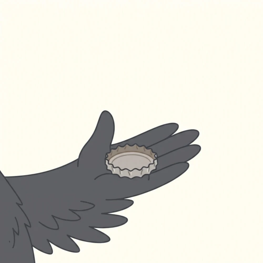 Close on the humble little bottle cap sitting in ਕਾਂ's open wing. Just the cap. Small and plain.