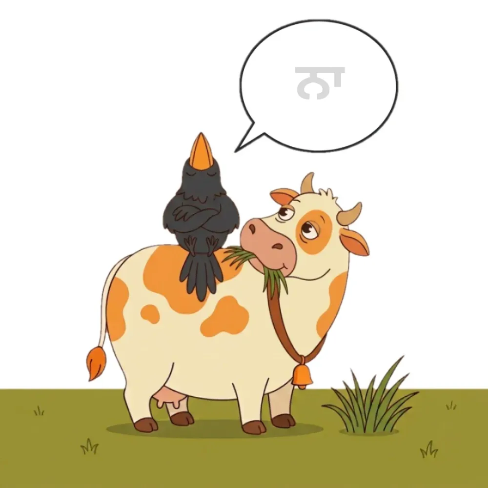 Silent. ਕਾਂ sulking with his back turned. Behind him, ਗਾਂ slowly swings her big head round toward him, a tuft of grass in her mouth.