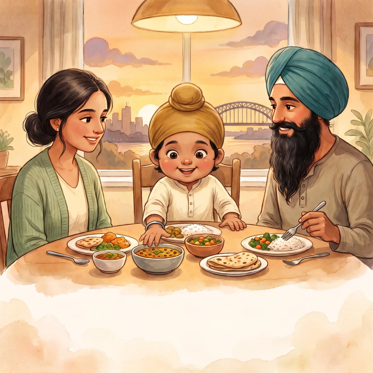 Dinner Time! — ਸ਼ਾਮ ਹੋ ਗਈ ਸੀ ਤੇ ਵੀਰ ਨੂੰ ਬੜੀ ਭੁੱਖ ਲੱਗੀ ਸੀ। ਮੇਜ਼ ਉੱਤੇ ਸੁਆਦਲਾ ਖਾਣਾ ਤਿਆਰ ਪਿਆ ਸੀ। ਵੀਰ ਝੱਟ ਖਾਣ ਲਈ ਹੱਥ ਵਧਾਉਣ ਲੱਗਾ।