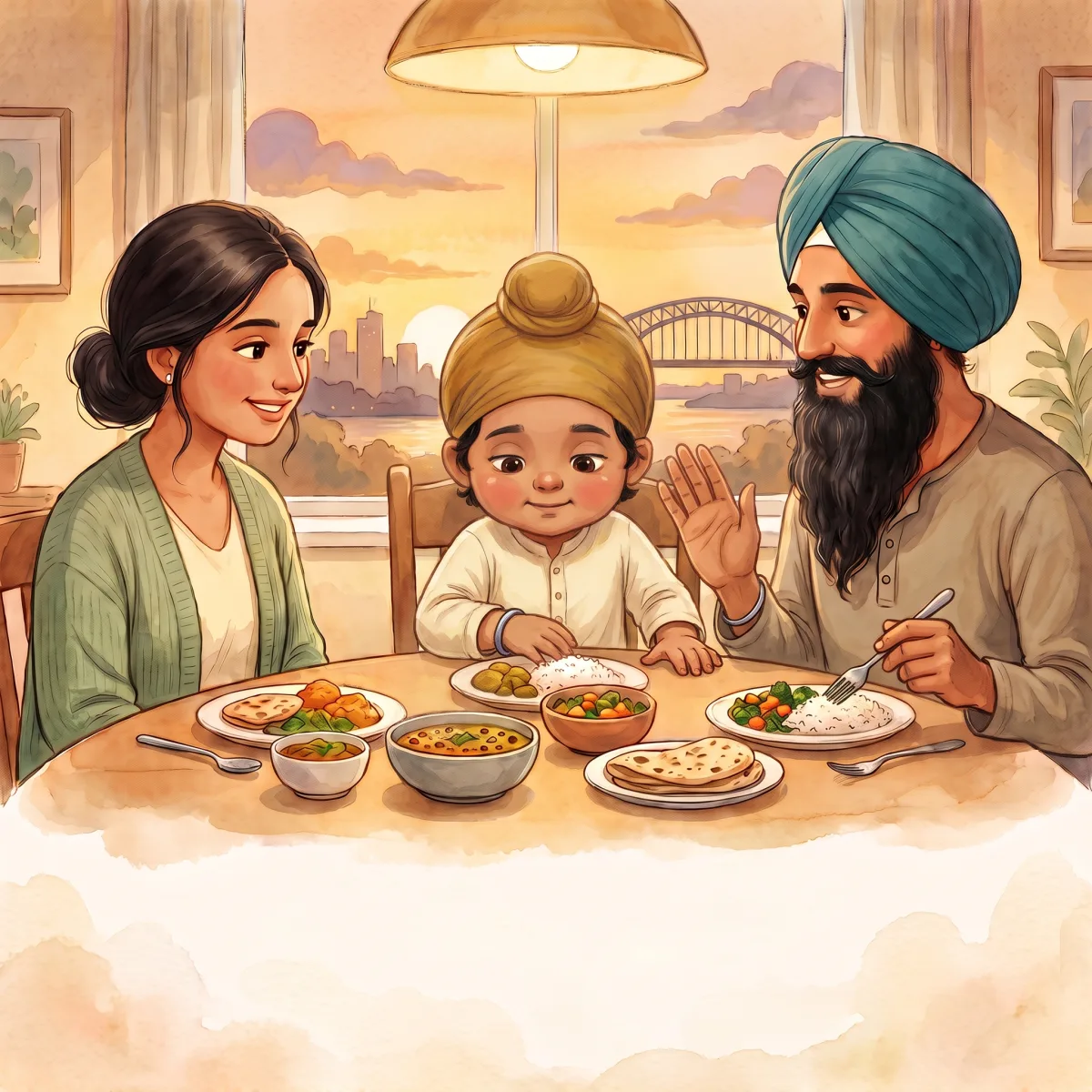 Wait a Moment — "ਰੁਕ ਜ਼ਰਾ, ਵੀਰ," ਪਿਤਾ ਜੀ ਪਿਆਰ ਨਾਲ ਬੋਲੇ। "ਖਾਣ ਤੋਂ ਪਹਿਲਾਂ, ਚੱਲ ਸੋਚੀਏ — ਇਹ ਸਭ ਕਿੱਥੋਂ ਆਇਆ ਹੈ?" ਵੀਰ ਰੁਕ ਗਿਆ ਤੇ ਆਪਣੇ ਖਾਣੇ ਵੱਲ ਵੇਖਣ ਲੱਗਾ।