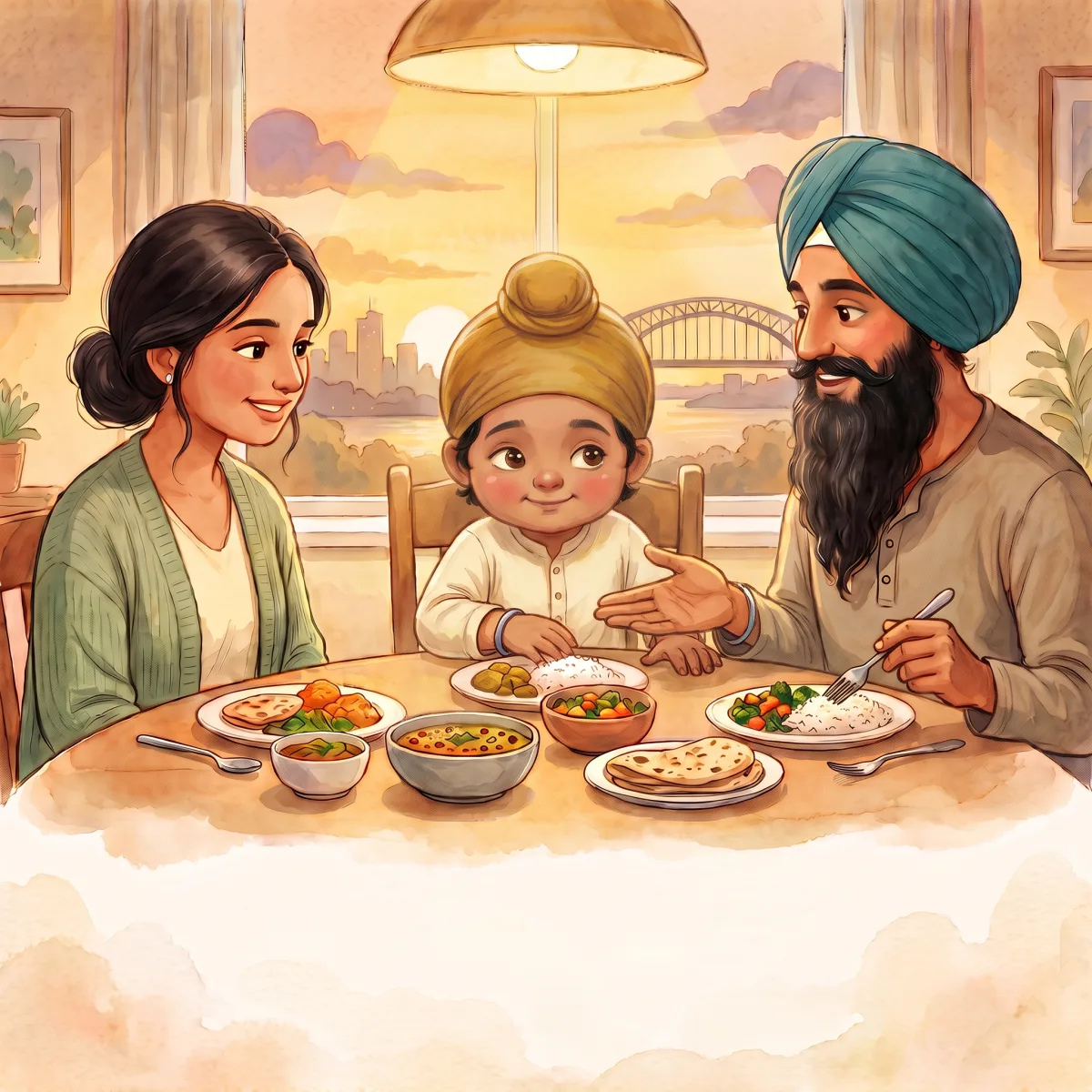 We Eat What He Gives — "ਇਸ ਖਾਣੇ ਵਿੱਚ ਸੂਰਜ ਦੀ ਧੁੱਪ, ਮੀਂਹ ਦਾ ਪਾਣੀ ਤੇ ਧਰਤੀ ਦੀ ਮਿੱਟੀ ਹੈ।" "ਕਿੰਨੇ ਸਾਰੇ ਹੱਥਾਂ ਨੇ ਇਹਨੂੰ ਉਗਾਇਆ ਤੇ ਪਕਾਇਆ।" "ਤੇ ਇਹ ਸਭ ਕੁਝ ਵਾਹਿਗੁਰੂ, ਦਾਤਾਰ ਦੀ ਦਾਤ ਹੈ।" "ਜੋ ਉਹ ਦਿੰਦਾ ਹੈ, ਉਹੀ ਅਸੀਂ ਖਾਂਦੇ ਹਾਂ।" ਪਿਤਾ ਜੀ ਨੇ ਹੌਲੀ ਜਿਹੇ ਗੁਰੂ ਜੀ ਦੇ ਬੋਲ ਗਾਏ: