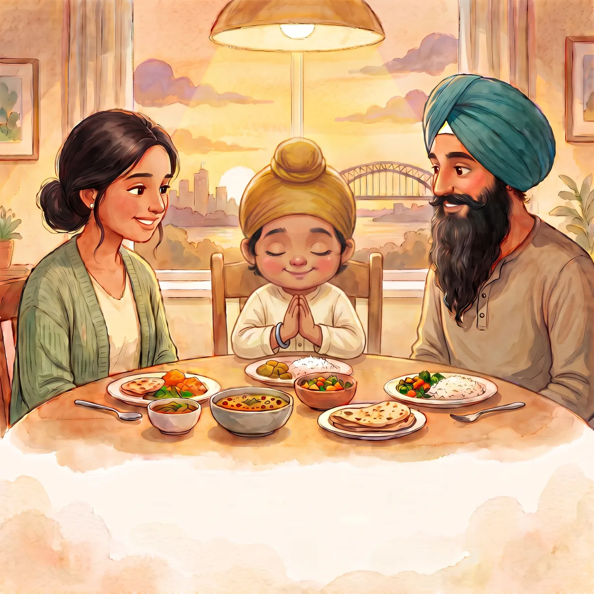 Thank You, Waheguru — ਵੀਰ ਨੇ ਹੱਥ ਜੋੜੇ ਤੇ ਅੱਖਾਂ ਮੀਟੀਆਂ। "ਸ਼ੁਕਰੀਆ ਵਾਹਿਗੁਰੂ ਜੀ, ਇਸ ਖਾਣੇ ਲਈ।" ਫਿਰ ਉਹਨੇ ਬੜੇ ਚਾਉ ਨਾਲ ਖਾਣਾ ਖਾਧਾ — ਅੱਜ ਖਾਣਾ ਹੋਰ ਵੀ ਸੁਆਦਲਾ ਲੱਗਾ। ਓਸ ਦਿਨ ਤੋਂ, ਖਾਣ ਤੋਂ ਪਹਿਲਾਂ ਵੀਰ ਹਮੇਸ਼ਾ ਵਾਹਿਗੁਰੂ ਜੀ ਦਾ ਸ਼ੁਕਰਾਨਾ ਕਰਨ ਲੱਗਾ।