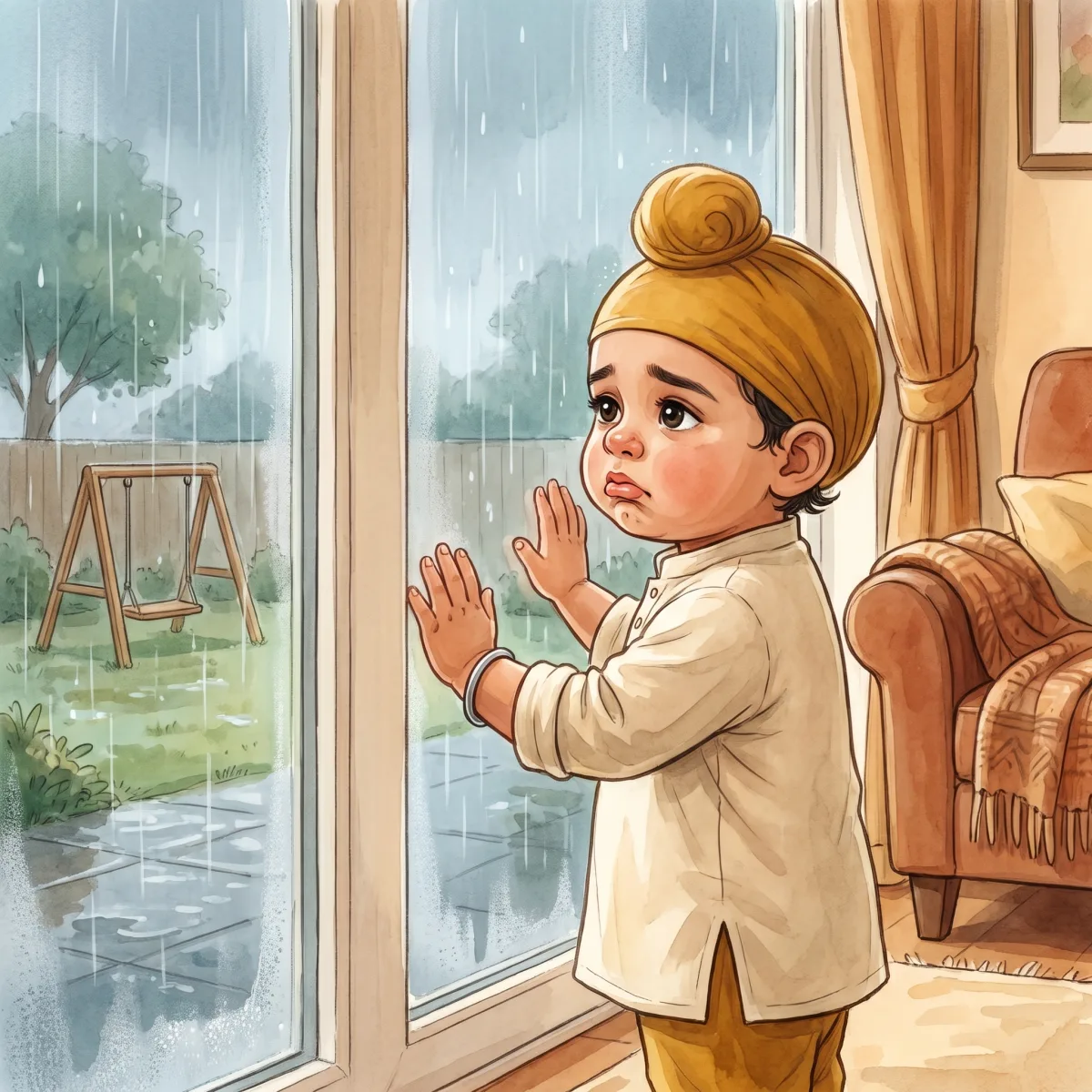 The Rainy Morning — ਇੱਕ ਸਵੇਰ ਵੀਰ ਪਾਰਕ ਜਾਣਾ ਚਾਹੁੰਦਾ ਸੀ। "ਮਾਤਾ ਜੀ, ਪਾਰਕ ਚੱਲੀਏ! ਮੈਂ ਝੂਲੇ ਝੂਲਣੇ ਨੇ।" ਪਰ ਬਾਹਰ ਮੀਂਹ ਪੈ ਰਿਹਾ ਸੀ। "ਅੱਜ ਨਹੀਂ, ਪੁੱਤ," ਮਾਤਾ ਜੀ ਬੋਲੇ। "ਵੇਖ, ਕਿੰਨਾ ਮੀਂਹ ਪੈ ਰਿਹਾ ਹੈ।" ਵੀਰ ਨੇ ਵਾਰ-ਵਾਰ ਕਿਹਾ, ਪਰ ਮੀਂਹ ਨਾ ਹਟਿਆ। ਉਹਦਾ ਮਨ ਉਦਾਸ ਹੋ ਗਿਆ।