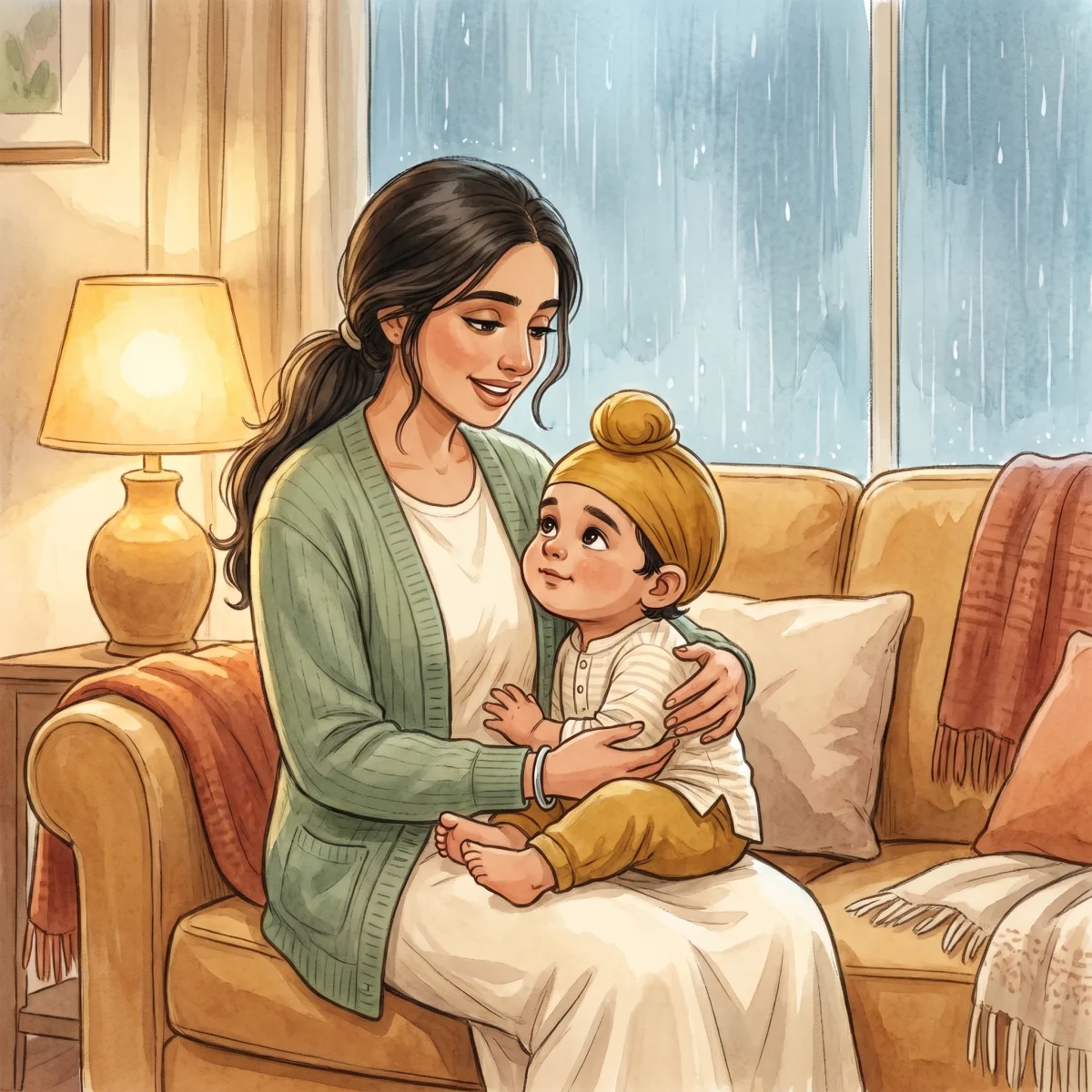 The One We Can Always Ask — ਮਾਤਾ ਜੀ ਨੇ ਵੀਰ ਨੂੰ ਗੋਦੀ ਵਿੱਚ ਬਿਠਾ ਲਿਆ। "ਵੀਰ," ਉਹ ਬੋਲੇ, "ਇੱਕ ਅਜਿਹਾ ਵੀ ਹੈ, ਜਿਸ ਕੋਲੋਂ ਅਸੀਂ ਹਮੇਸ਼ਾ ਮੰਗ ਸਕਦੇ ਹਾਂ।" "ਉਹ ਵਾਹਿਗੁਰੂ ਹੈ। ਜੋ ਅਸੀਂ ਉਹਦੇ ਕੋਲੋਂ ਮੰਗਦੇ ਹਾਂ, ਉਹ ਸਾਨੂੰ ਦੇ ਦਿੰਦਾ ਹੈ।" "ਤੇ ਸਭ ਤੋਂ ਚੰਗੀ ਚੀਜ਼ ਜੋ ਅਸੀਂ ਮੰਗ ਸਕਦੇ ਹਾਂ, ਉਹ ਹੈ ਇੱਕ ਸ਼ਾਂਤ ਮਨ।" ਮਾਤਾ ਜੀ ਨੇ ਹੌਲੀ ਹੌਲੀ ਗੁਰੂ ਜੀ ਦੇ ਬੋਲ ਗਾਏ: