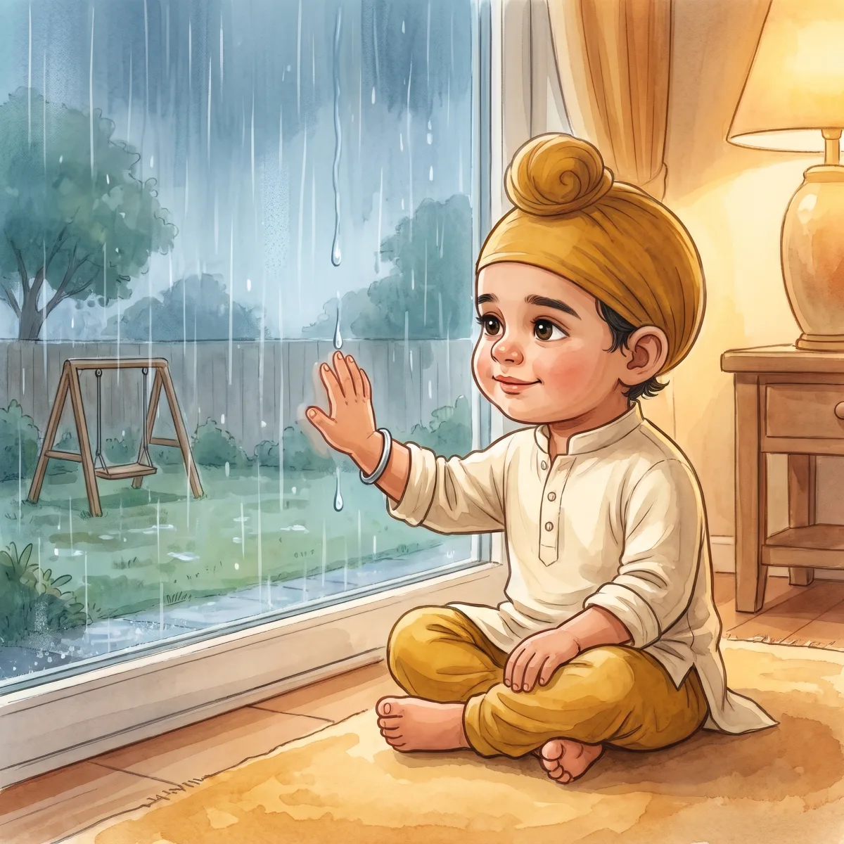 What Waheguru Gave — ਵੀਰ ਨੇ ਅੱਖਾਂ ਮੀਟੀਆਂ। ਉਹਨੇ ਮਨ ਵਿੱਚ ਆਖਿਆ, "ਵਾਹਿਗੁਰੂ, ਮੇਰੇ ਮਨ ਨੂੰ ਸ਼ਾਂਤ ਕਰ ਦਿਓ।" ਹੌਲੀ ਹੌਲੀ ਉਹਦੇ ਅੰਦਰ ਇੱਕ ਨਿੱਘ ਭਰ ਗਿਆ। ਮੀਂਹ ਤਾਂ ਅਜੇ ਵੀ ਪੈ ਰਿਹਾ ਸੀ, ਪਰ ਵੀਰ ਦਾ ਮਨ ਹੁਣ ਉਦਾਸ ਨਹੀਂ ਸੀ। ਉਹ ਖਿੜਕੀ ਕੋਲ ਬੈਠ ਕੇ ਮੀਂਹ ਦੀਆਂ ਬੂੰਦਾਂ ਵੇਖਣ ਲੱਗਾ ਤੇ ਹੱਸ ਪਿਆ। ਜੋ ਉਹਨੇ ਵਾਹਿਗੁਰੂ ਤੋਂ ਮੰਗਿਆ ਸੀ, ਉਹ ਉਹਨੂੰ ਮਿਲ ਗਿਆ — ਇੱਕ ਖੁਸ਼, ਸ਼ਾਂਤ ਮਨ।
