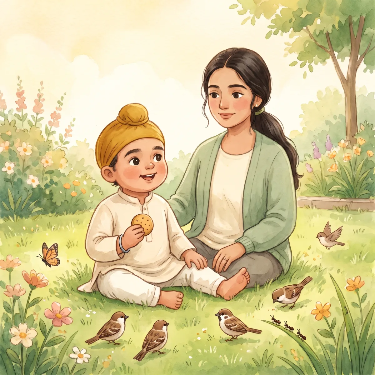 A Morning in the Garden — ਇੱਕ ਸਵੇਰ ਵੀਰ ਮਾਤਾ ਜੀ ਨਾਲ ਬਗੀਚੇ ਵਿੱਚ ਬੈਠਾ ਸੀ। ਉਸ ਦੇ ਹੱਥ ਵਿੱਚ ਇੱਕ ਬਿਸਕੁਟ ਸੀ। ਆਲੇ-ਦੁਆਲੇ ਬੜੇ ਸਾਰੇ ਨਿੱਕੇ ਜੀਅ ਸਨ। ਚਿੜੀਆਂ ਚੋਗ ਚੁਗ ਰਹੀਆਂ ਸਨ ਤੇ ਕੀੜੀਆਂ ਦਾਣੇ ਢੋ ਰਹੀਆਂ ਸਨ। ਇੱਕ ਤਿਤਲੀ ਫੁੱਲਾਂ ਦੇ ਉੱਪਰ ਉੱਡ ਰਹੀ ਸੀ।