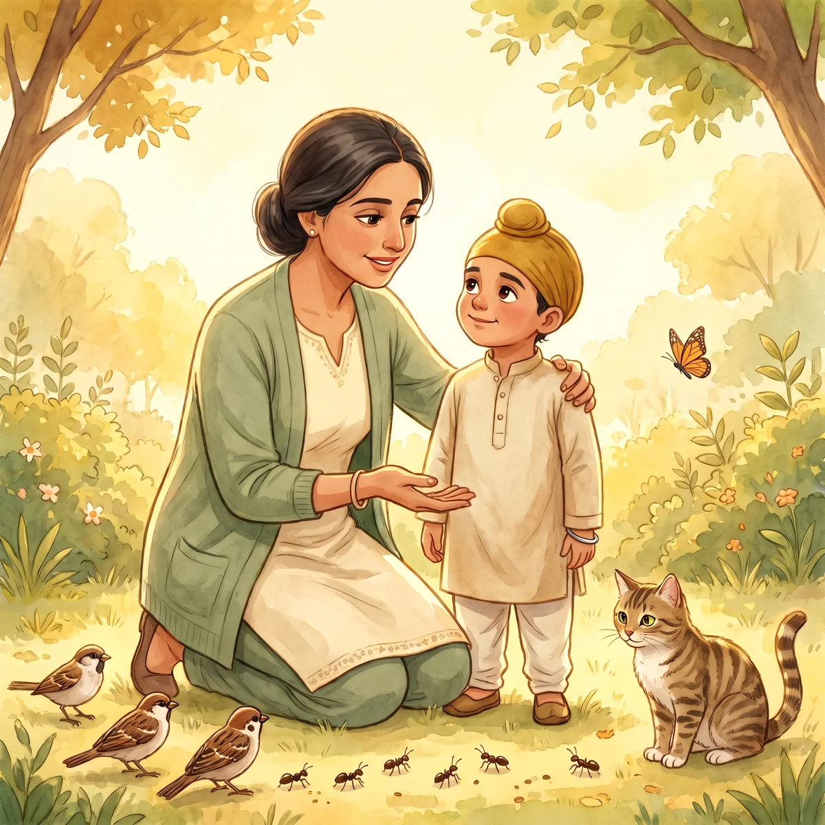 The One Who Gives to All — "ਵੀਰ, ਇੱਕ ਉਹ ਵੀ ਹੈ ਜੋ ਹਰ ਇੱਕ ਜੀਅ ਨੂੰ ਦਿੰਦਾ ਹੈ।" "ਚਿੜੀ ਨੂੰ ਵੀ, ਕੀੜੀ ਨੂੰ ਵੀ, ਬਿੱਲੀ ਨੂੰ ਵੀ, ਤੇ ਸਾਨੂੰ ਵੀ।" "ਉਹ ਦਾਤਾ ਵਾਹਿਗੁਰੂ ਹੈ।" ਮਾਤਾ ਜੀ ਨੇ ਹੌਲੀ ਜਿਹੇ ਗੁਰੂ ਜੀ ਦੇ ਬੋਲ ਗਾਏ: