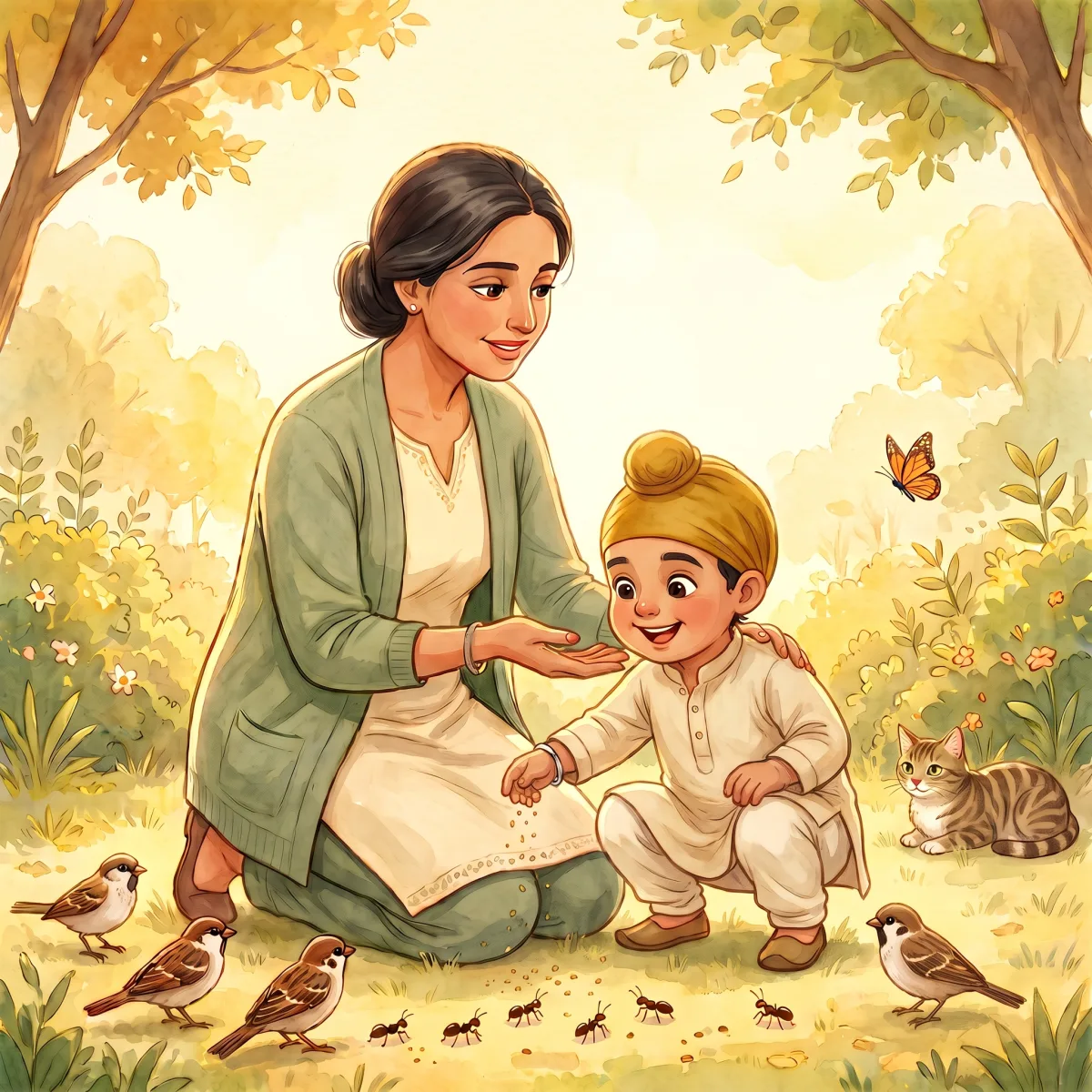 Veer Shares — ਵੀਰ ਨੂੰ ਬੜਾ ਚੰਗਾ ਲੱਗਾ। ਉਸ ਨੇ ਆਪਣੇ ਬਿਸਕੁਟ ਦੇ ਨਿੱਕੇ-ਨਿੱਕੇ ਭੋਰੇ ਕੀਤੇ। ਹੌਲੀ ਹੌਲੀ ਉਸ ਨੇ ਚਿੜੀਆਂ ਅੱਗੇ ਭੋਰੇ ਖਿਲਾਰੇ। ਚਿੜੀਆਂ ਖੁਸ਼ੀ ਨਾਲ ਚੋਗ ਚੁਗਣ ਲੱਗੀਆਂ। "ਮੈਂ ਵੀ ਵਾਹਿਗੁਰੂ ਵਾਂਗ ਵੰਡ ਸਕਦਾ ਹਾਂ!" ਵੀਰ ਮੁਸਕਰਾਇਆ। ਓਸ ਦਿਨ ਤੋਂ ਵੀਰ ਹਰ ਨਿੱਕੇ ਜੀਅ ਦਾ ਖਿਆਲ ਰੱਖਣ ਲੱਗ ਪਿਆ।