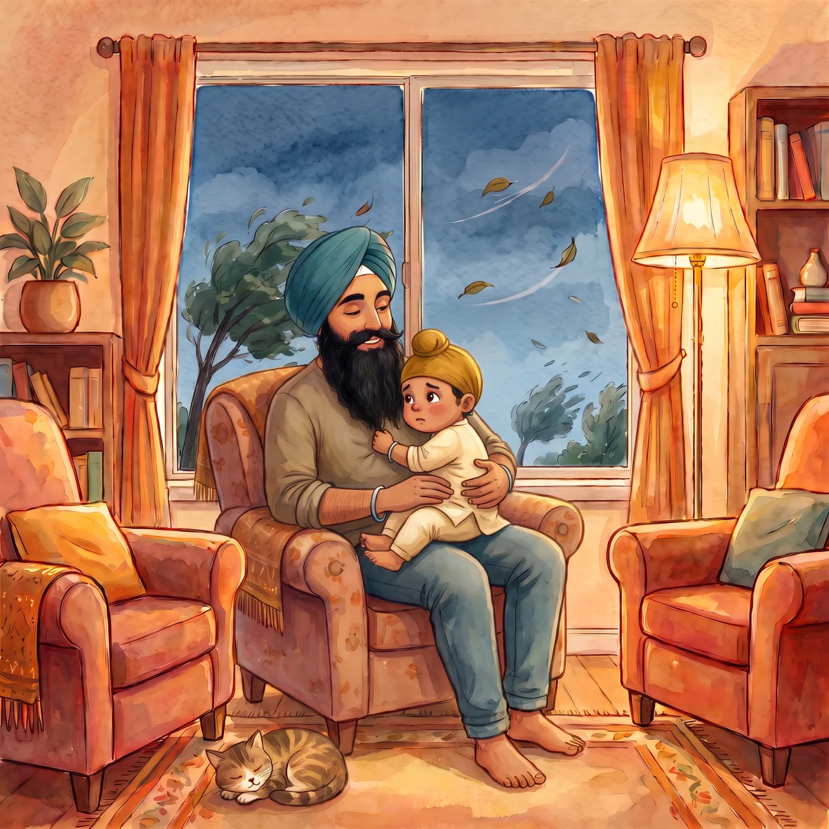 Veer Is Scared — "ਹਨੇਰੀ ਕਿੰਨੀ ਤੇਜ਼ ਝੁੱਲ ਰਹੀ ਹੈ!" ਵੀਰ ਬੋਲਿਆ। ਉਹ ਭੱਜ ਕੇ ਪਿਤਾ ਜੀ ਦੀ ਗੋਦੀ ਵਿੱਚ ਜਾ ਬੈਠਾ। "ਮੈਨੂੰ ਡਰ ਲੱਗ ਰਿਹਾ ਹੈ," ਉਹ ਹੌਲੀ ਜਿਹੇ ਬੋਲਿਆ। ਬਾਹਰ ਹਨੇਰੀ ਹੋਰ ਵੀ ਤੇਜ਼ ਹੋ ਗਈ।