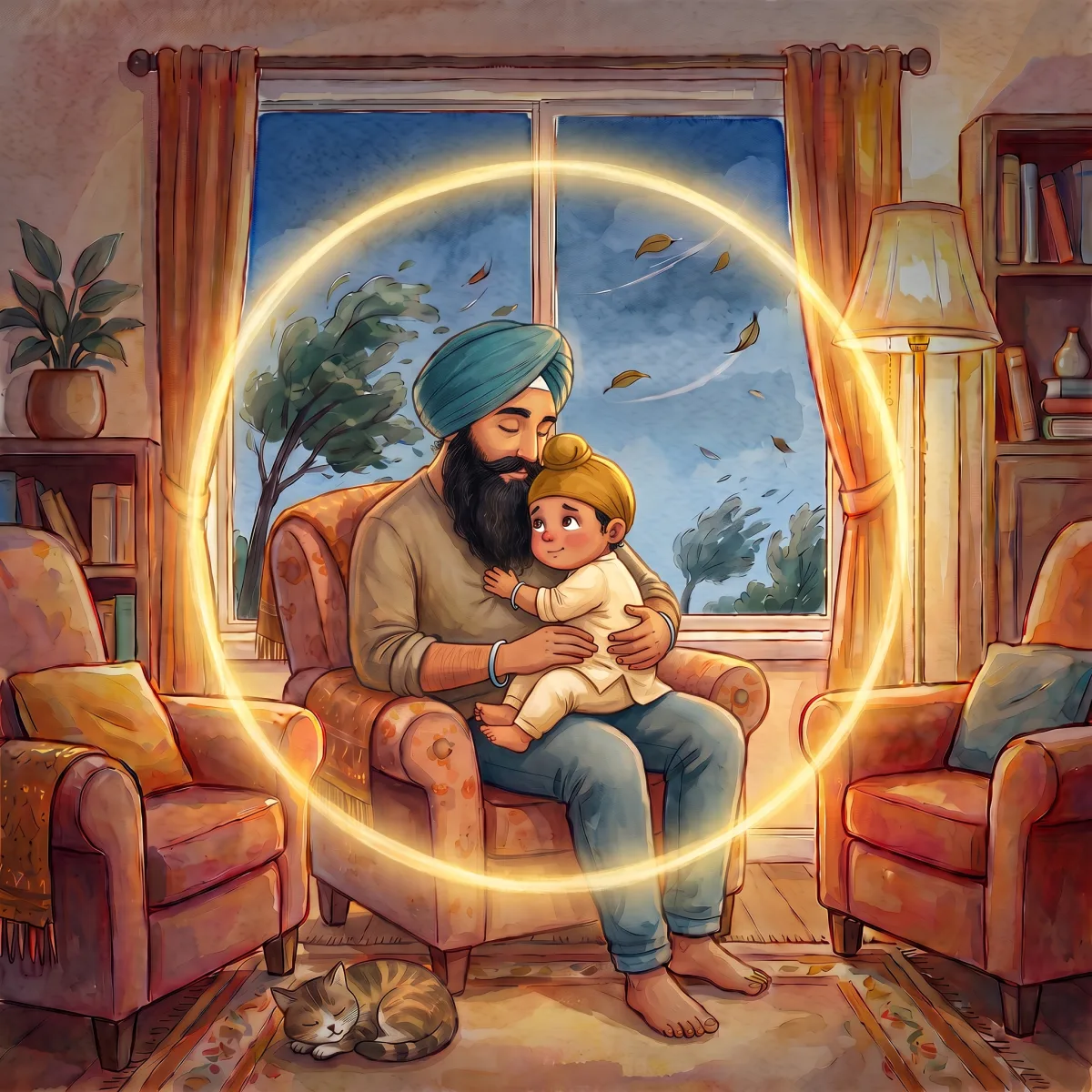 The Circle All Around Us — ਪਿਤਾ ਜੀ ਨੇ ਵੀਰ ਨੂੰ ਘੁੱਟ ਕੇ ਗਲ ਨਾਲ ਲਾ ਲਿਆ। "ਵੀਰ, ਇੱਕ ਰਾਖਾ ਹੈ ਜੋ ਸਾਡੇ ਆਲੇ-ਦੁਆਲੇ ਇੱਕ ਘੇਰਾ ਬਣਾ ਕੇ ਰੱਖਦਾ ਹੈ।" "ਉਸ ਘੇਰੇ ਦੇ ਅੰਦਰ, ਇਹ ਹਨੇਰੀ ਵੀ ਸਾਨੂੰ ਛੂਹ ਨਹੀਂ ਸਕਦੀ।" "ਉਹ ਰਾਖਾ ਵਾਹਿਗੁਰੂ ਜੀ ਹਨ।" ਪਿਤਾ ਜੀ ਨੇ ਹੌਲੀ ਜਿਹੇ ਗੁਰੂ ਜੀ ਦੇ ਮਿੱਠੇ ਬੋਲ ਗਾਏ: