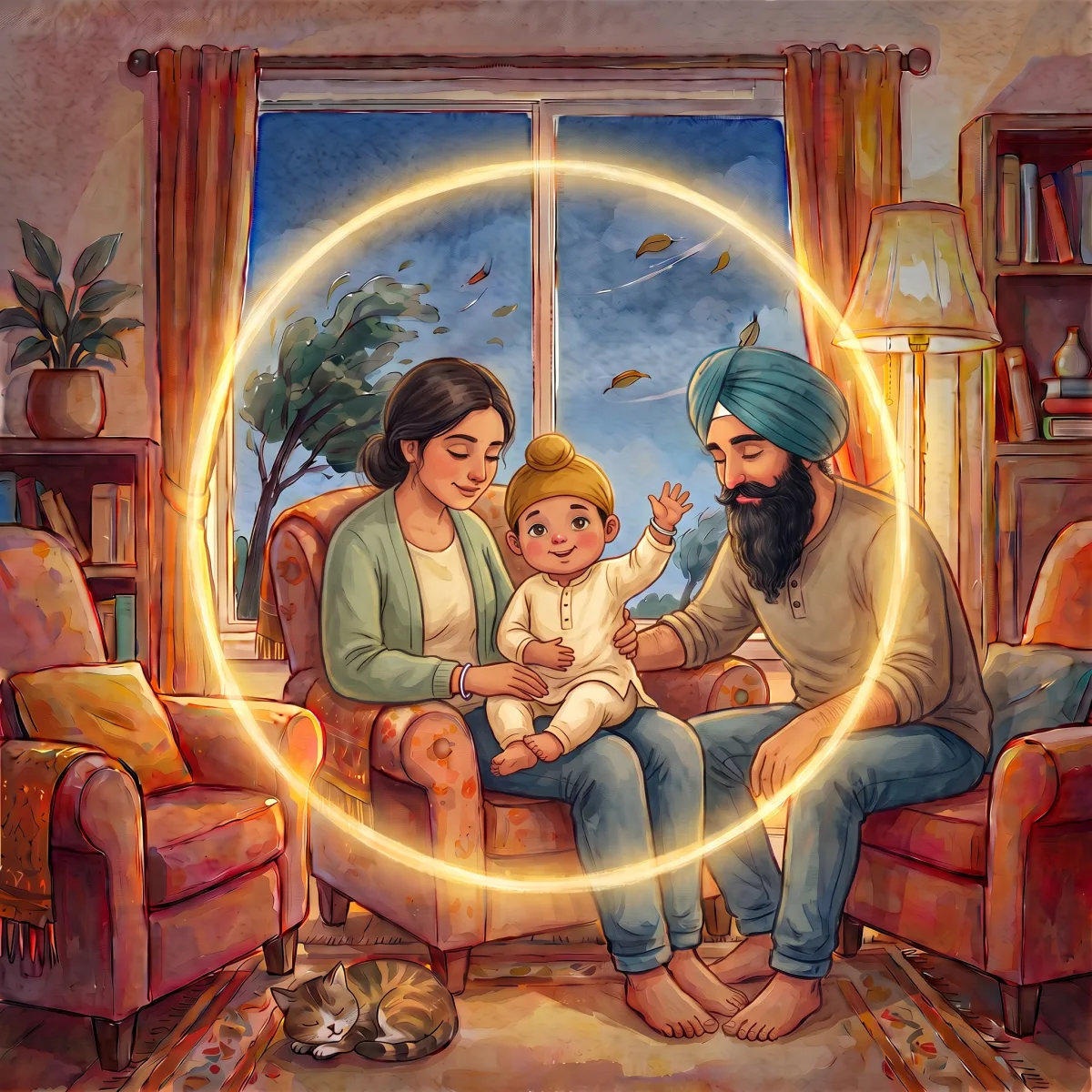 Safe Inside the Circle — ਵੀਰ ਨੇ ਅੱਖਾਂ ਮੀਟ ਕੇ ਸੋਚਿਆ। ਉਸ ਨੇ ਹਵਾ ਵਿੱਚ ਉਂਗਲ ਨਾਲ ਇੱਕ ਨਿੱਕਾ ਜਿਹਾ ਘੇਰਾ ਬਣਾਇਆ। ਉਸ ਨੂੰ ਲੱਗਾ ਜਿਵੇਂ ਇੱਕ ਨਿੱਘਾ ਘੇਰਾ ਉਹਨਾਂ ਦੇ ਘਰ ਦੁਆਲੇ ਹੋਵੇ। ਬਾਹਰ ਹਨੇਰੀ ਅਜੇ ਵੀ ਝੁੱਲ ਰਹੀ ਸੀ... ...ਪਰ ਅੰਦਰ ਵੀਰ ਬੜੇ ਸੁੱਖ ਅਤੇ ਅਰਾਮ ਨਾਲ ਬੈਠਾ ਸੀ। "ਵਾਹਿਗੁਰੂ ਜੀ ਸਾਡੇ ਰਾਖੇ ਹਨ," ਉਹ ਮੁਸਕਰਾਇਆ।