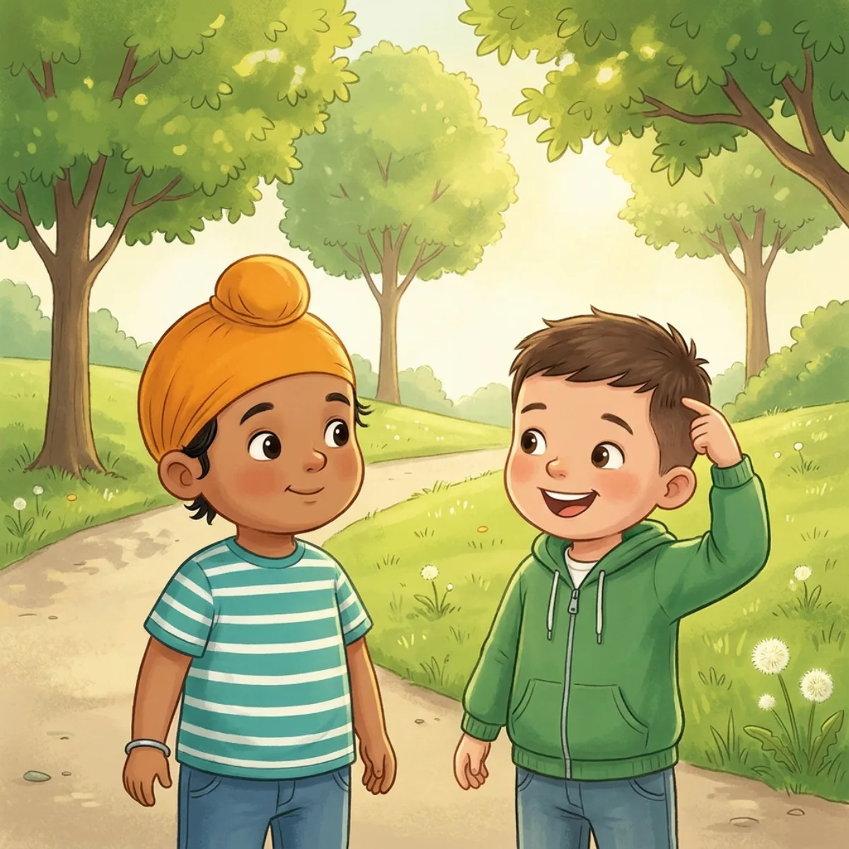 A Friend at the Park — ਤੇਗ ਆਪਣੇ ਡੈਡੀ ਨਾਲ ਪਾਰਕ ਗਿਆ। ਓਥੇ ਉਸ ਦਾ ਦੋਸਤ ਸੈਮ ਖੇਡ ਰਿਹਾ ਸੀ। ਸੈਮ ਦੇ ਵਾਲ਼ ਹੁਣ ਬਹੁਤ ਛੋਟੇ ਸਨ। "ਦੇਖ, ਮੇਰੇ ਨਵੇਂ ਵਾਲ਼!" ਸੈਮ ਹੱਸ ਕੇ ਬੋਲਿਆ।