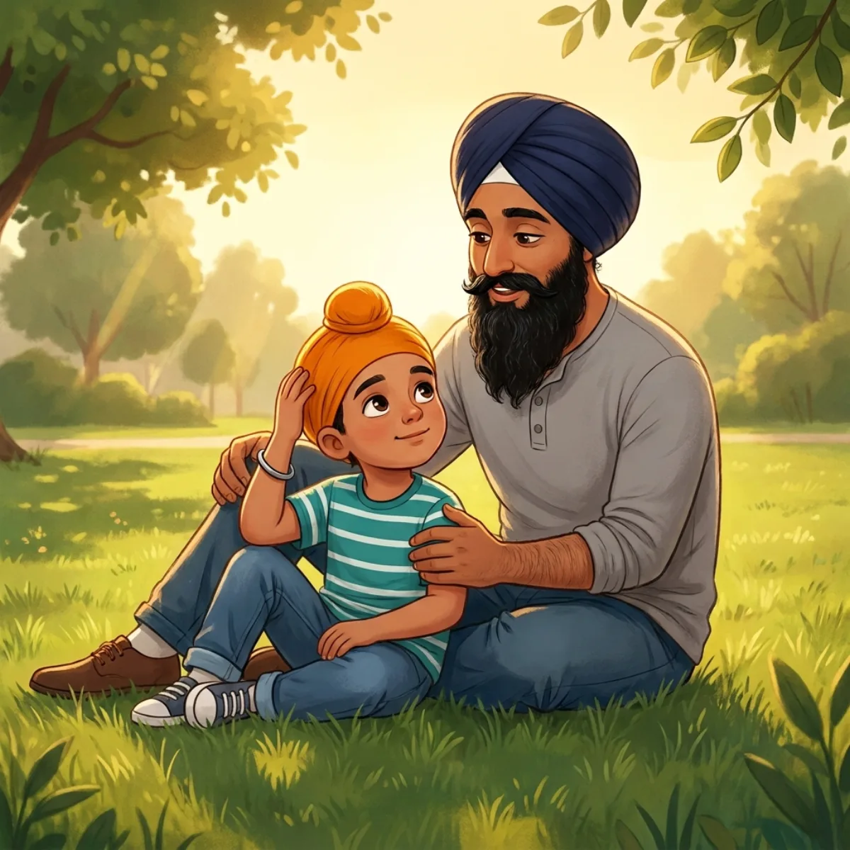 Your Hair Is a Gift — "ਤੇਗ, ਤੇਰੇ ਵਾਲ਼ ਇੱਕ ਤੋਹਫ਼ਾ ਨੇ," ਡੈਡੀ ਨੇ ਕਿਹਾ। "ਤੋਹਫ਼ਾ? ਕਿਸ ਨੇ ਦਿੱਤਾ?" ਤੇਗ ਨੇ ਪੁੱਛਿਆ। "ਵਾਹਿਗੁਰੂ ਨੇ। ਇਹ ਵਾਲ਼ ਤੇਰੇ ਨਾਲ ਹੀ ਆਏ — ਪੂਰੇ ਤੇ ਪਿਆਰੇ।" "ਜਿਹੜਾ ਤੋਹਫ਼ਾ ਸਾਨੂੰ ਪਿਆਰਾ ਹੋਵੇ, ਉਹਨੂੰ ਅਸੀਂ ਪੂਰਾ ਸੰਭਾਲ ਕੇ ਰੱਖਦੇ ਹਾਂ।"
