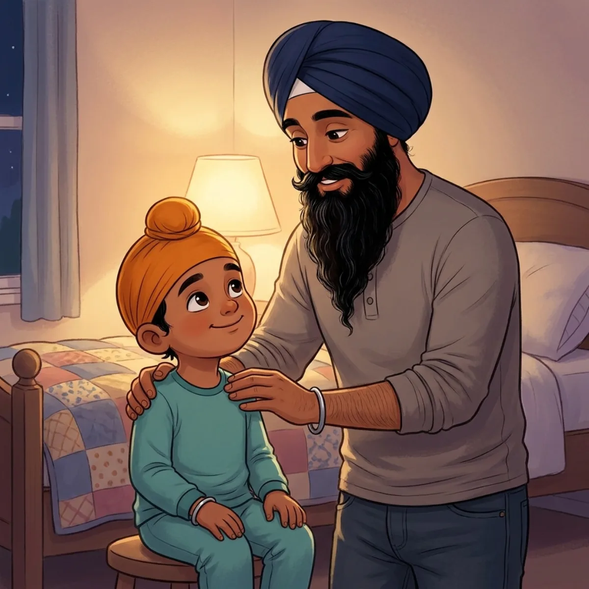 Tegh Keeps His Gift — ਅਗਲੇ ਦਿਨ ਤੇਗ ਸੈਮ ਕੋਲ ਗਿਆ। "ਮੇਰੇ ਵਾਲ਼ ਇੱਕ ਤੋਹਫ਼ਾ ਨੇ — ਗੁਰੂ ਗੋਬਿੰਦ ਸਿੰਘ ਜੀ ਵੱਲੋਂ।" "ਮੈਂ ਆਪਣਾ ਤੋਹਫ਼ਾ ਪੂਰਾ ਸੰਭਾਲ ਕੇ ਰੱਖਦਾ ਹਾਂ।" "ਵਾਹ! ਇਹ ਤਾਂ ਕਮਾਲ ਏ," ਸੈਮ ਬੋਲਿਆ। ਰਾਤੀਂ ਡੈਡੀ ਨੇ ਤੇਗ ਦਾ ਜੂੜਾ ਬੰਨ੍ਹਿਆ। ਤੇਗ ਮੁਸਕਰਾਇਆ — ਇਹ ਤੋਹਫ਼ਾ ਸਦਾ ਉਹਦਾ ਸੀ।